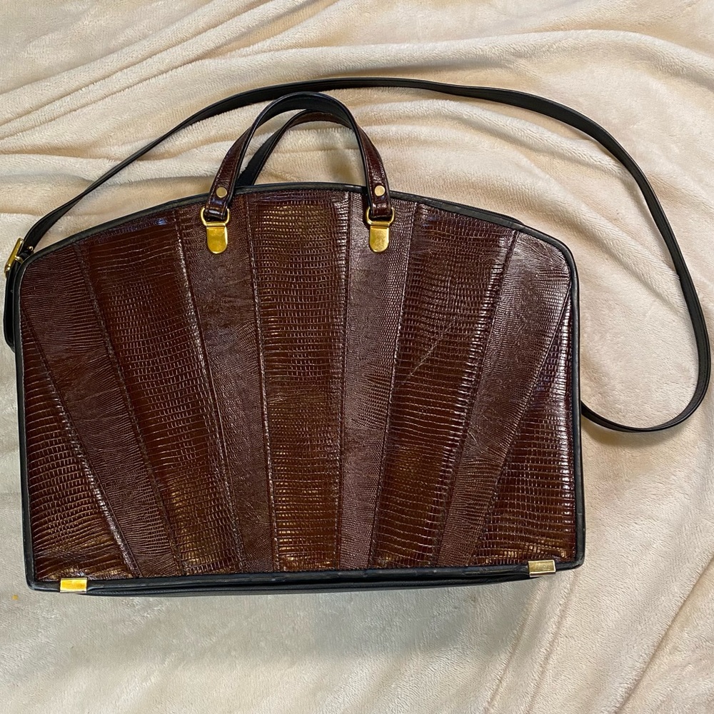 Brown and Black Leather Reptile laptop Briefcase tote